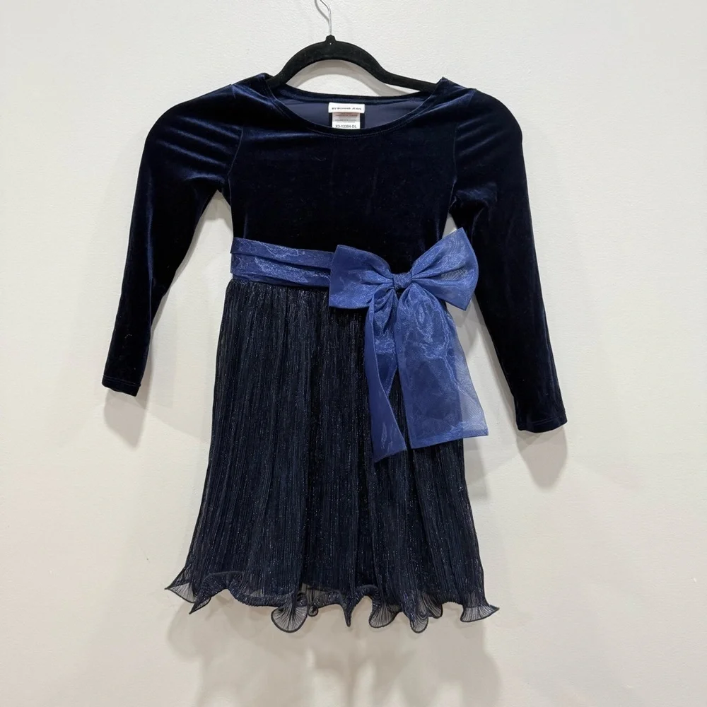 Bonnie Jean Girls Navy Velvet Glitter Tulle Dress w/ Bow Holiday Christmas 6 - Picture 2 of 5